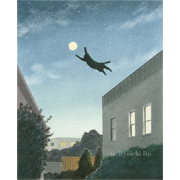 「Catch the MOON（ネコキャッチ）」《色鉛筆》(18cm×22cm)うちの近所を夜に通りがかったときの夜景です。おぼろ月が出ていたのだけど、ネコが月をつかまえようとしてたら面白いかな？とふと思って撮影しておきました。月を両手でつかむ合成写真や絵は良くあるけど、こういうのはありそうで意外に無いかな？と＾＾