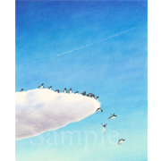 そら飛ぶペンギン～ペンギンと飛行機雲～《色鉛筆》(25.5cm×31cm)そら飛ぶ動物シリーズでは一番最初に描いたものです。1997年頃の作品。リアルな面白さを出すために、3ヶ月間専門書をあさったり、水族館で見たりしてペンギンを研究しました。この絵のペンギンは三種類のペンギンの特徴を混ぜています。（ちーさくてわからんでしょーが）このときに調べた知識を元に作ったサイトが「ペンギンの達人」です。その後「やっぱりペンギンは飛んでいる！！」（技術評論社刊）で書籍化されました。 2010年7月発売の『500人の社員が劇的に変わる瞬間』（きこ書房）カバーにも使用。