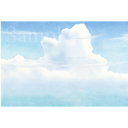 沖縄・石垣島の海《色鉛筆》(30cm×20cm)沖縄・石垣島の北部から海を見た時のイメージです。湿度が高いせいか、空と水平線の境界のはっきりしない風景がよく見られます。この絵を見て、小さく見えるのが「飛行機ですね？」と言った女性がいた。「いや、船ですよ。」と言うと、「飛行機ですよ」と反論してくる。描いた本人が「船」だと言っているのになんでやねん？