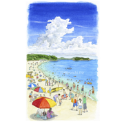 県民の浜（広島県）《透明水彩》(28cm×45cm)静かな湾になっている憩いの海水浴場。