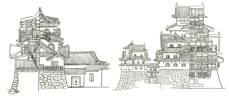 日本の名城解剖図鑑』　エクスナレッジ　鉛筆イラスト　お城