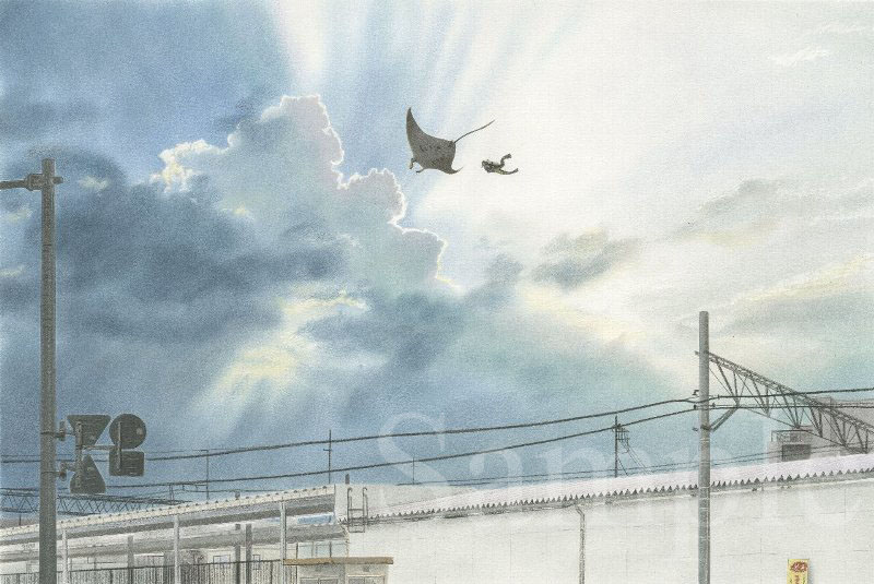 マンタ 狭山の空を飛ぶ With ダイバー イラスト 色鉛筆 下北沢イラスト制作所 手描きのイラスト いとう良一 マンタ 狭山の空を飛ぶ With ダイバー イラスト 色鉛筆 下北沢イラスト制作所 手描きのイラスト いとう良一