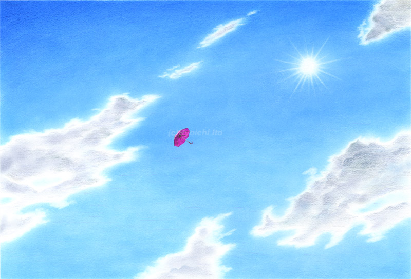 梅雨の晴れ間　傘　パラソル　空　雲　飛ぶ　　ファンタジー　ナンセンス　イラスト　色鉛筆