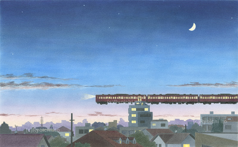 空飛ぶ電車　始発電車　通勤電車　ファンタジー　ナンセンス　イラスト　色鉛筆