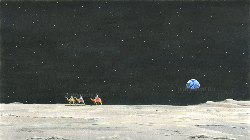 文字通り 次の砂漠 月 月面 ラクダ アラビアンナイト 地球 宇宙 ファンタジー ナンセンス イラスト 色鉛筆 下北沢イラスト制作所 手描きの イラスト いとう良一