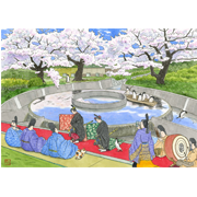 「久地円筒分水」《ペン＋透明水彩》(29.7cm×42cm)神奈川県川崎市の久地円筒分水をモチーフにして制作しました。昭和16（1941）年に造られました。二ヶ領用水から取り入れられた水は、平瀬川の下を潜り、再び噴き上がってきた水を円筒の円周比により四つ堀に公平に分水し、各堀へ正確に用水を供給しています。決して中に船は浮かべません(≧∇≦)