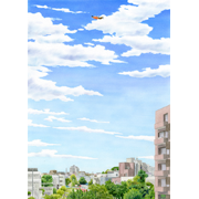 下北沢の町の空を飛ぶ《手描きイラスト・色鉛筆》（35.5cm×50cm)東京都世田谷区の下北沢上空を飛んでいるイメージ。小田急線南西口の改札を出て、西の世田谷代田駅方面へ進むと手前に雨庭公園、その向こうにBONUS TRACKが見えます。近年町がざわついている下北沢の中でも落ち着いた感じのエリアです。それを見下ろしながら空に浮かんでいる感じをイメージしました。