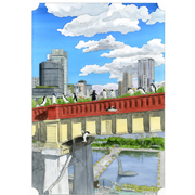 「市ヶ谷水管橋（東京新宿）」《鉛筆＋透明水彩》(35.9cm×24.7cm)秋の個展の時にいつも通る時に見えます。釣り堀では毎日のんびりと憩ってる人も。