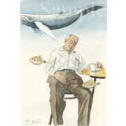 惰眠《透明水彩》(20cm×29cm)モデルはドトールコーヒーで居眠りしていたオッチャンです。ずっと絵にしたいと思っていました。クジラは容易に予想が付くとして、なぜカワハギかというと、とぼけた感じの魚を泳がしたかったからです＾＾