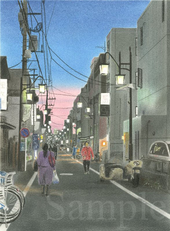 夕暮れの梅ヶ丘商店街　イラスト　色鉛筆