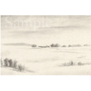 雪に埋もれた牧場《色鉛筆》(36cm×24cm)北海道の美瑛に行ったとき、「星の庵」という知る人ぞ知る民宿に泊まりました。そこの窓からは美瑛の丘が見渡せますが、正面に「白井牧場」が見えます。一月の牧場は雪に埋もれていました。セピア色鉛筆で和紙に描きました。