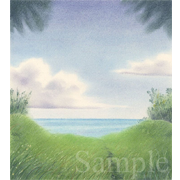 海へと続く道３《色鉛筆》(18cm×20cm)１、２と、別に連作の意味で描いたわけではないのですが、同じ個展に出品する絵で、同じようなコンセプトが感じられるので、「海へと続く道」シリーズにしました。これも沖縄・石垣島と竹富島のミックスイメージ。