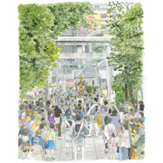 「北澤八幡例大祭宮入り」透明水彩（257mm×316mm)世田谷区北沢の500年の歴史を誇る北澤八幡では9月の第一土日にお祭りがあります。八つの睦があり、最大で大小23基の御神輿が出ます。小学5年頃に一度担いだことあり＾＾；地元では幼少より「八幡様」と呼んでいました。