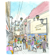 『駅前ビレヴァンあたり』透明水彩画・『世田谷ライフ」企画の「世田谷まちの珈琲／下北沢」のパッケージのためのイラスト