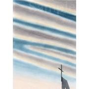 東京都民教会と帯状雲《色鉛筆》(20cm×28cm)世田谷区代田5丁目、下北沢駅西口近くにある教会です。ある日このまんまの雲がこのようにかかってました。これを見た翌日、友人が「昨日の雲はすごかった。描いてほしかった。」と偶然言われた雲でした＾＾。後年気づきましたが、十字架を描き間違えてました。棒が重なったように描いてしまっています＾＾；；；クリスチャンなら間違わないでしょうね。