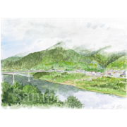江川崎の朝（高知県）《透明水彩》(29.6cm×41.7cm)四万十川沿いの江川崎、6月の朝です。聞こえる一番大きな音は、ウグイスの合唱でした＾＾