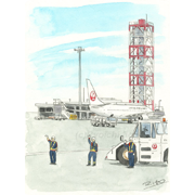 行ってらっしゃい（羽田空港）水彩画（250mm×190mm）出発する機体に手を振る姿が好きです＾＾