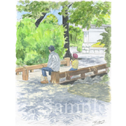 木漏れ日の父娘《透明水彩》(17.8cm×23.3cm)世田谷の北沢川遊歩道。環七近くにあるお寺と“せせらぎ茶屋”という甘味屋さんの間の橋です。