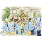 子供神輿《透明水彩》(15.8cm×11.6cm)世田谷区北沢にある北澤八幡神社の祭礼での子供神輿です。世田谷区代沢5丁目町会のパンフレット用に「代五睦」の神輿を描きました。