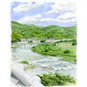 「大洲城から肱川と予讃線を望む」手描き透明水彩イラスト(320mm×400mm)」6月末頃の愛媛県大洲市にある大洲城天守から肱川と予讃線を望む構図です。左下の瓦をここに入れたかったので実際とはこのアングルで見える階層を下にずらしています。この空気感を再現したかったです。