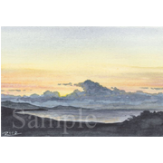 南の島の夕暮れ《透明水彩》(14.8cm×10cm)風水に従って、その方角に置く絵が欲しいと友人から頼まれて描いた一枚。「富士」と対の方角の絵です。
