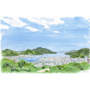 宇和島港（愛媛県宇和島城からの眺め）《透明水彩》(30.5cm×48.5cm)愛媛県宇和島市にある宇和島城のある高台から宇和島港を望んで見た風景です。