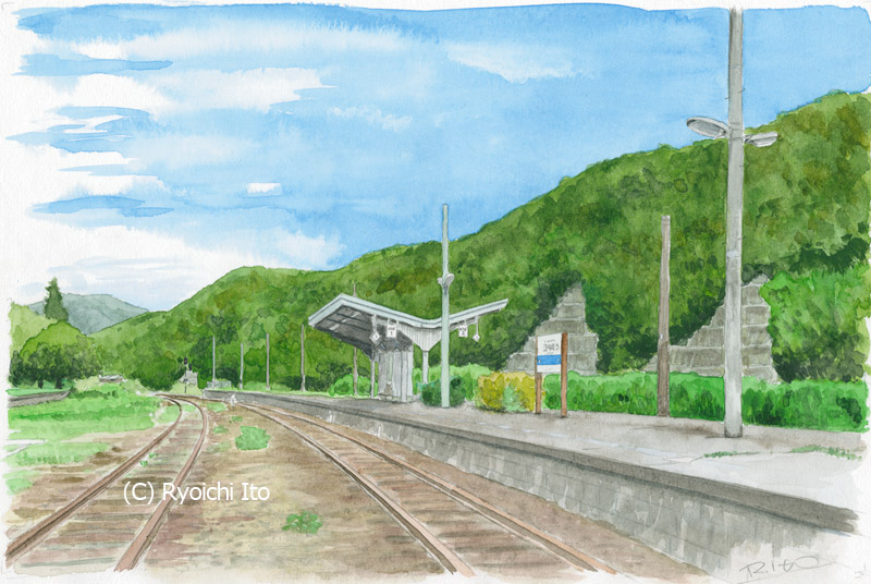 四万十川・予土線江川崎駅　イラスト　透明水彩