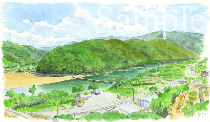 高知県四万十市　四万十川　岩間　沈下橋　イラスト　透明水彩