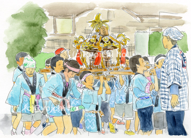 世田谷 下北沢 北澤八幡 祭礼 神輿 イラスト 透明水彩 下北沢イラスト制作所 手描きのイラスト いとう良一