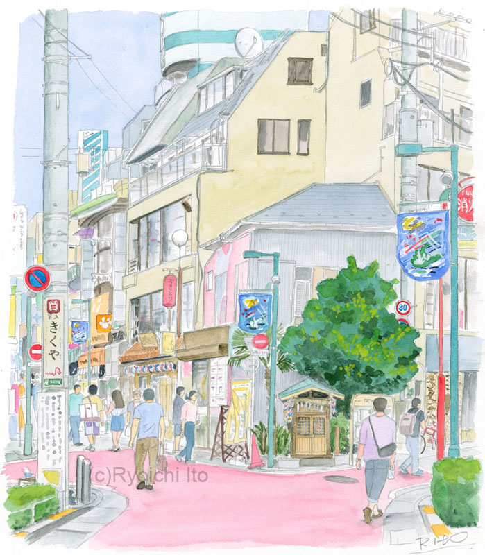 イラスト　透明水彩　下北沢　南口商店街　代沢　地蔵