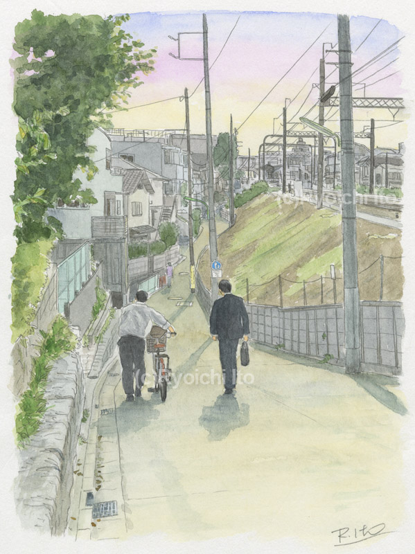 日本　池の上　夕暮れ　サラリーマン　営業　帰宅　帰社　ほのぼの　イラスト　透明水彩 | 下北沢イラスト制作所　手描きのイラスト　いとう良一