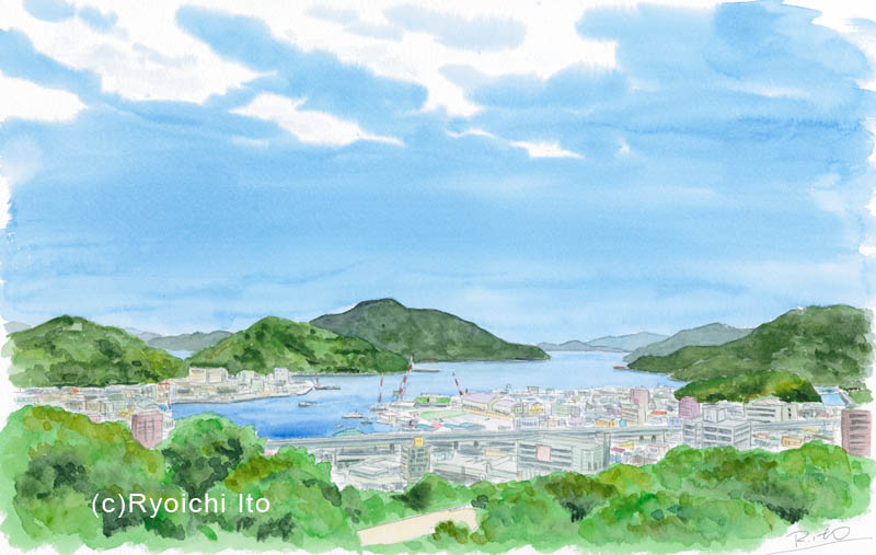 いとう良一　イラスト　透明水彩　宇和島港　愛媛