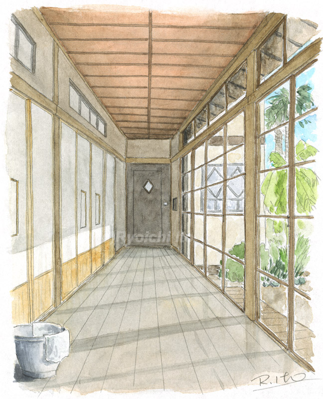 廊下の記憶　昭和の家　縁側　レトロ　バケツ日本家屋　イラスト　透明水彩