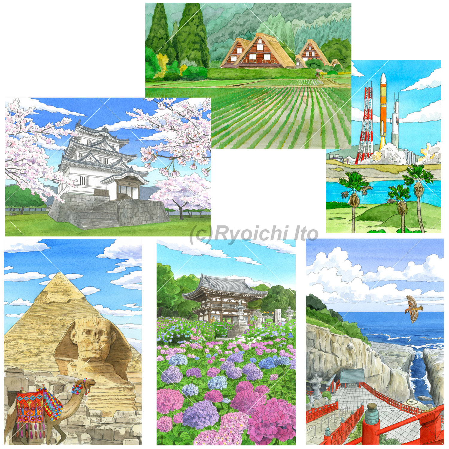 下北沢イラスト制作所 いとう良一 手描きイラスト ダイソー大人の塗り絵のためのイラスト。日本や世界の名所を鉛筆線と透明水彩で描いています。