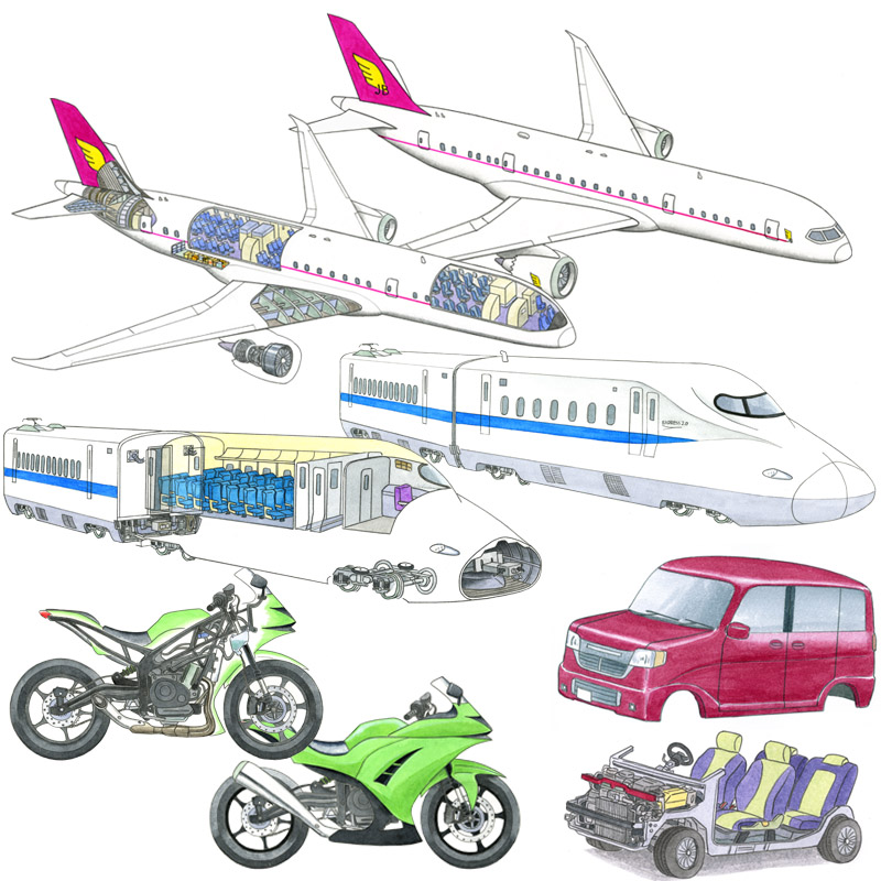 乗り物絵本イラスト。電車や鉄道、車や飛行機等をスケルトンで内部が見えるように楽しむ絵本。手描きイラストでリアルだけど柔らかく描いています。