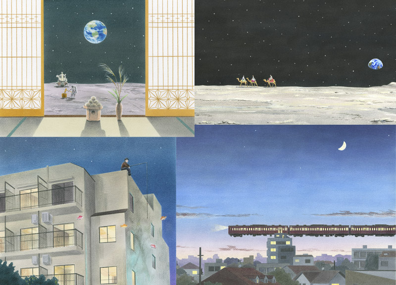 下北沢イラスト制作所　いとう良一　イラスト　手描き　ナンセンス　ファンタジー　おとぼけ　お地球見、月の沙漠、夜釣り、始発電車