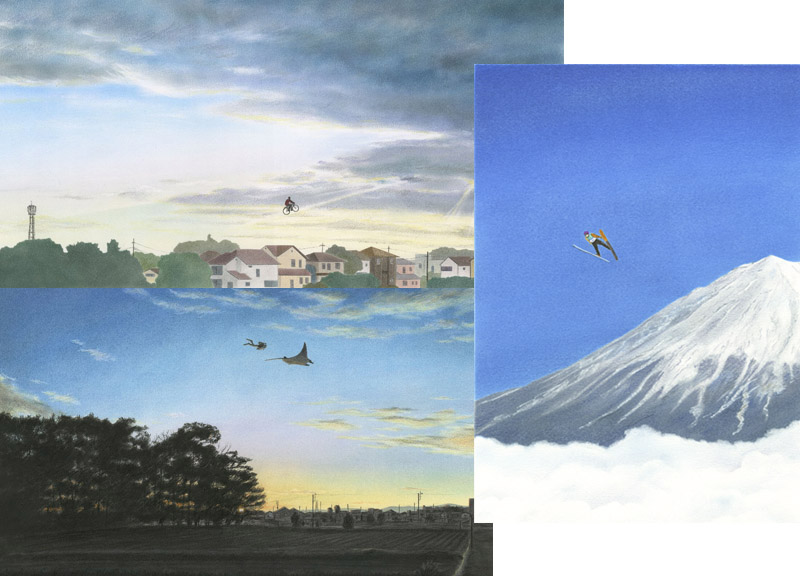 下北沢イラスト制作所　いとう良一　イラスト　手描き　ナンセンス　ファンタジー　おとぼけ　空の坂道　マンタ空を飛ぶ　スキージャンプスーパーラージヒル