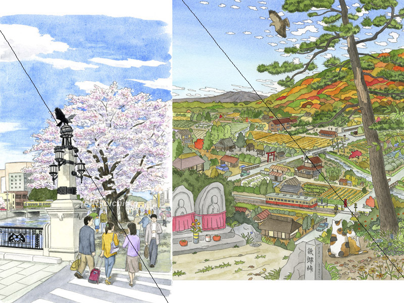 下北沢イラスト制作所　いとう良一　イラスト　手描き　町並み　街　日常　空間　都市　広島　猿猴橋　桜　ふるさと　ぬり絵　鉛筆　透明水彩