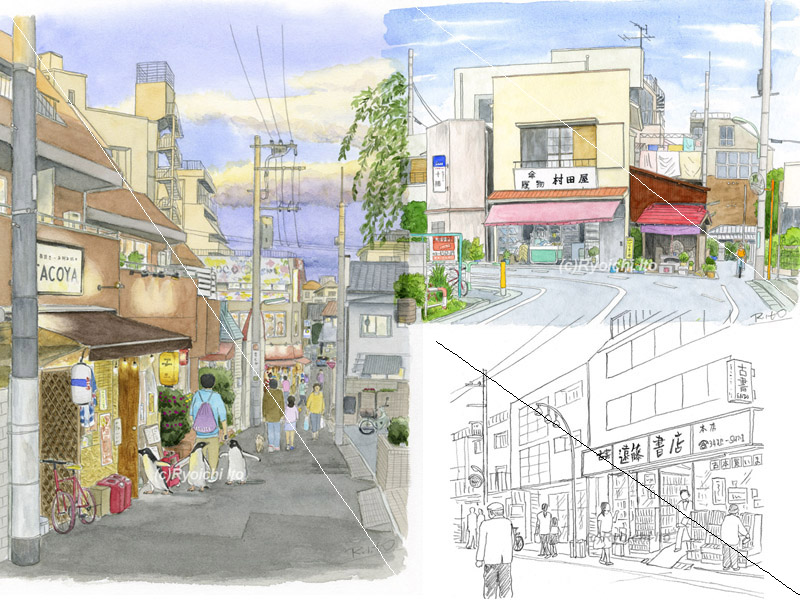 下北沢イラスト制作所　いとう良一　イラスト　手描き　町並み　街　日常　空間　都市　下北沢　玉電松原物語　鉛筆　透明水彩