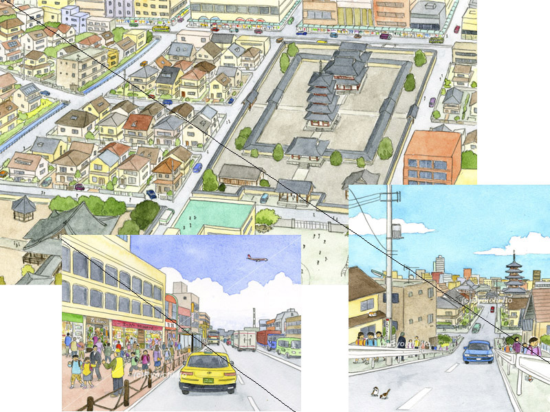 下北沢イラスト制作所　いとう良一　イラスト　手描き　町並み　街　日常　空間　都市　鉛筆　透明水彩