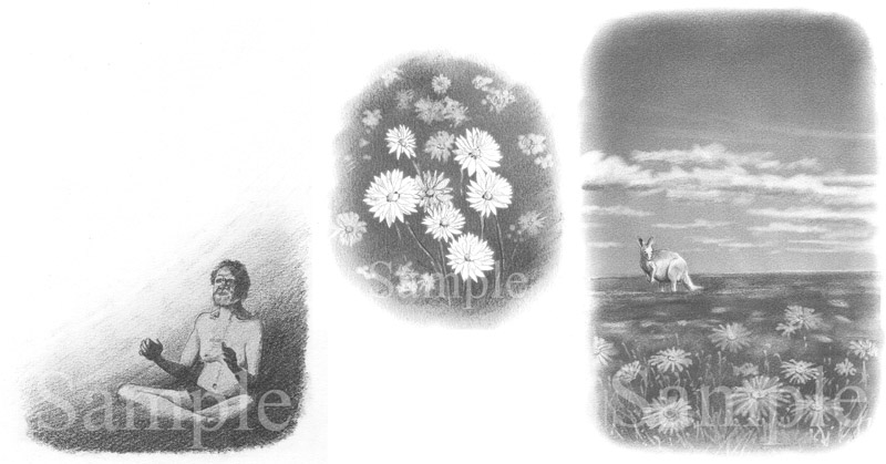 祈りを捧げるアボリジニ・雪の花・ワラビーと花　鉛筆画　アボリジニ　イラスト