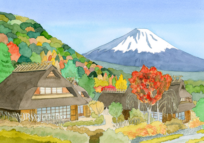 「大人の塗り絵」（大創出版）西湖いやしの里根場(山梨）　イラスト　透明水彩 | 下北沢イラスト制作所　手描きのイラスト　いとう良一