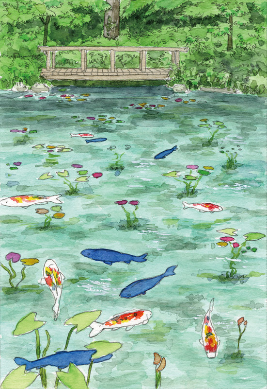大人の塗り絵 大創出版 ダイソー モネの池 イラスト 透明水彩 下北沢イラスト制作所 手描きのイラスト いとう良一