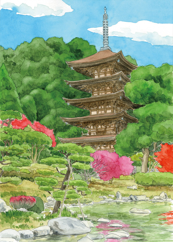 「大人の塗り絵」（大創出版）瑠璃光寺　五重塔　イラスト　透明水彩 | 下北沢イラスト制作所　手描きのイラスト　いとう良一