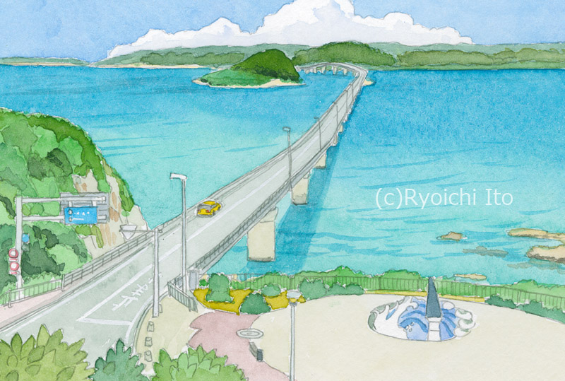 「大人の塗り絵」（大創出版）　角島大橋　　イラスト　透明水彩 | 下北沢イラスト制作所　手描きのイラスト　いとう良一