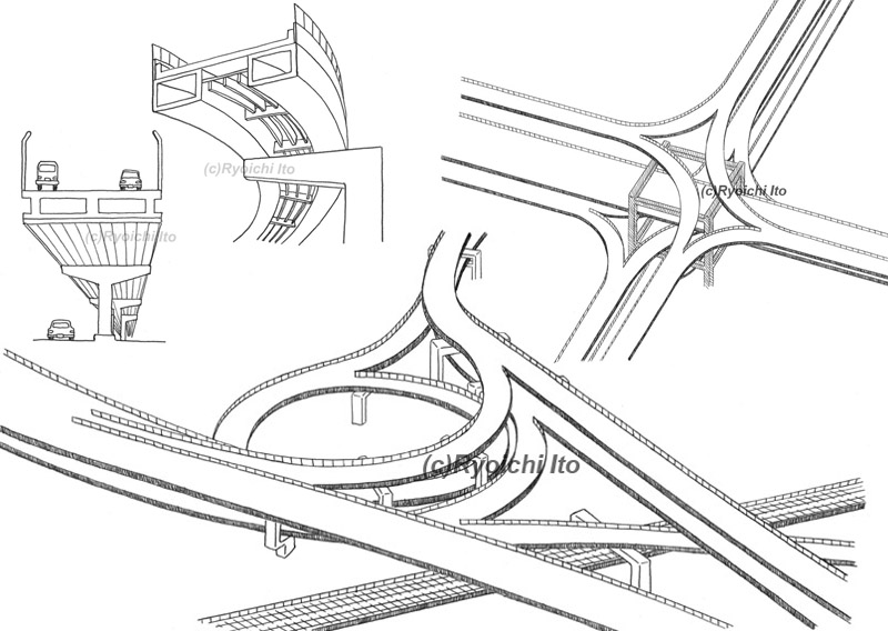 裏面吸収板／高速道路各部名称解説用・北港ジャンクションの構造・天保山ジャンクションの構造《鉛筆画》