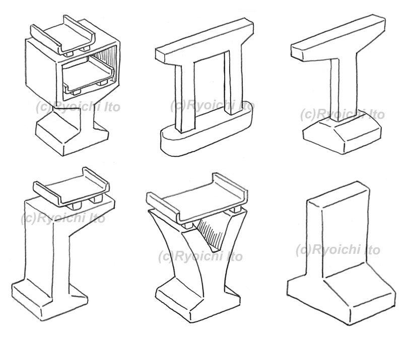 「高速ジャンクション＆橋梁の鑑賞法」　講談社刊　高速道路の橋脚の形状　イラスト　鉛筆画 | 下北沢イラスト制作所　手描きのイラスト　いとう良一