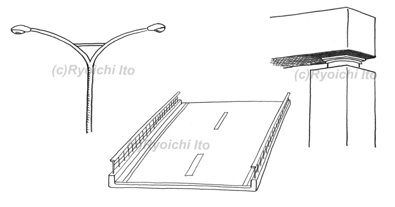 「高速ジャンクション＆橋梁の鑑賞法」　講談社刊　大黒・りんくうジャンクション　関空道の照明／床板／支承　イラスト　鉛筆画 | 下北沢イラスト制作所　手描きのイラスト　いとう良一