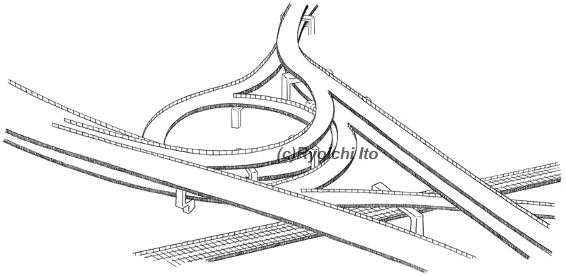 「高速ジャンクション＆橋梁の鑑賞法」　講談社刊　天保山ジャンクション　イラスト　鉛筆画 | 下北沢イラスト制作所　手描きのイラスト　いとう良一