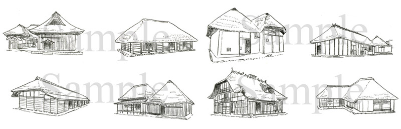 旧奈良家住宅／旧笠石家住宅／旧境家住宅／旧滝沢本陣横山家住宅／旧新発田藩足軽長屋／旧黒木家住宅／旧渋谷家住宅／旧工藤家住宅《鉛筆画》